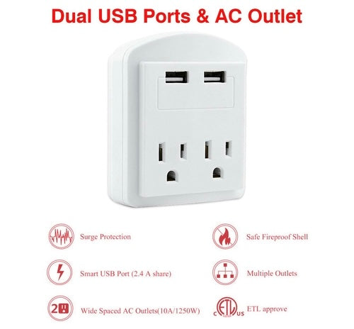 2Outlet Surge Protector Outlet Adapter 2.4A