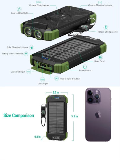 Wireless + Solar Portable Charger W/ Flashlight