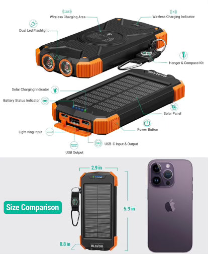 Wireless + Solar Portable Charger W/ Flashlight