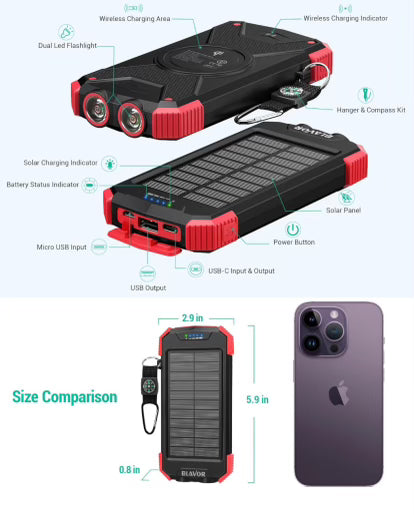 Wireless + Solar Portable Charger W/ Flashlight